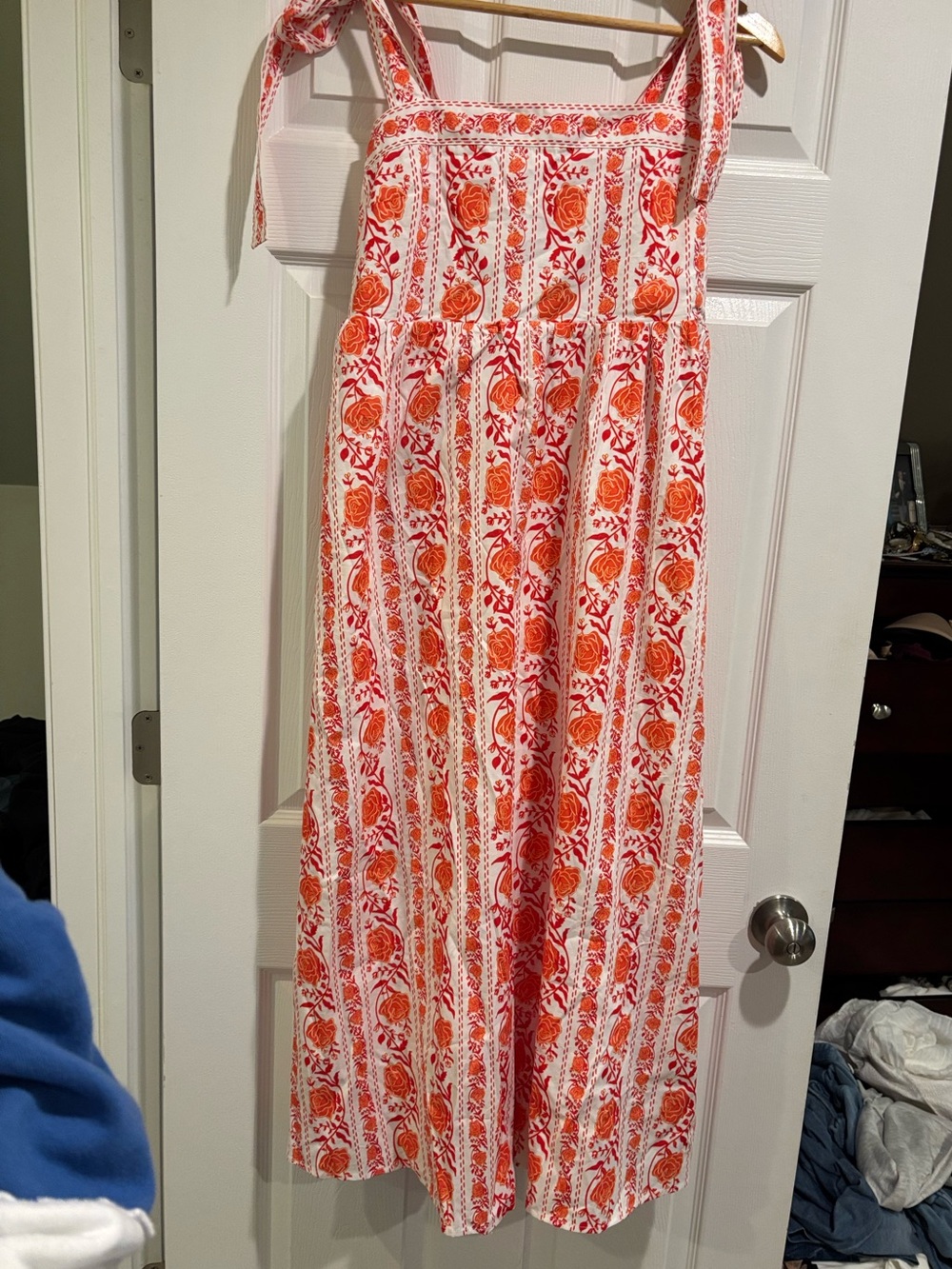 Women's Orange Floral Maxi Dress with Tie Straps